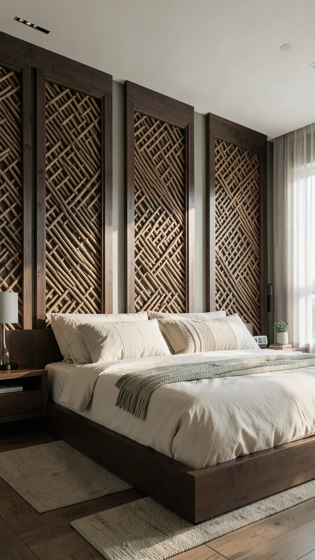 Large dark walnut framed bamboo lattice panels mounted on a bedroom wall behind a bed.