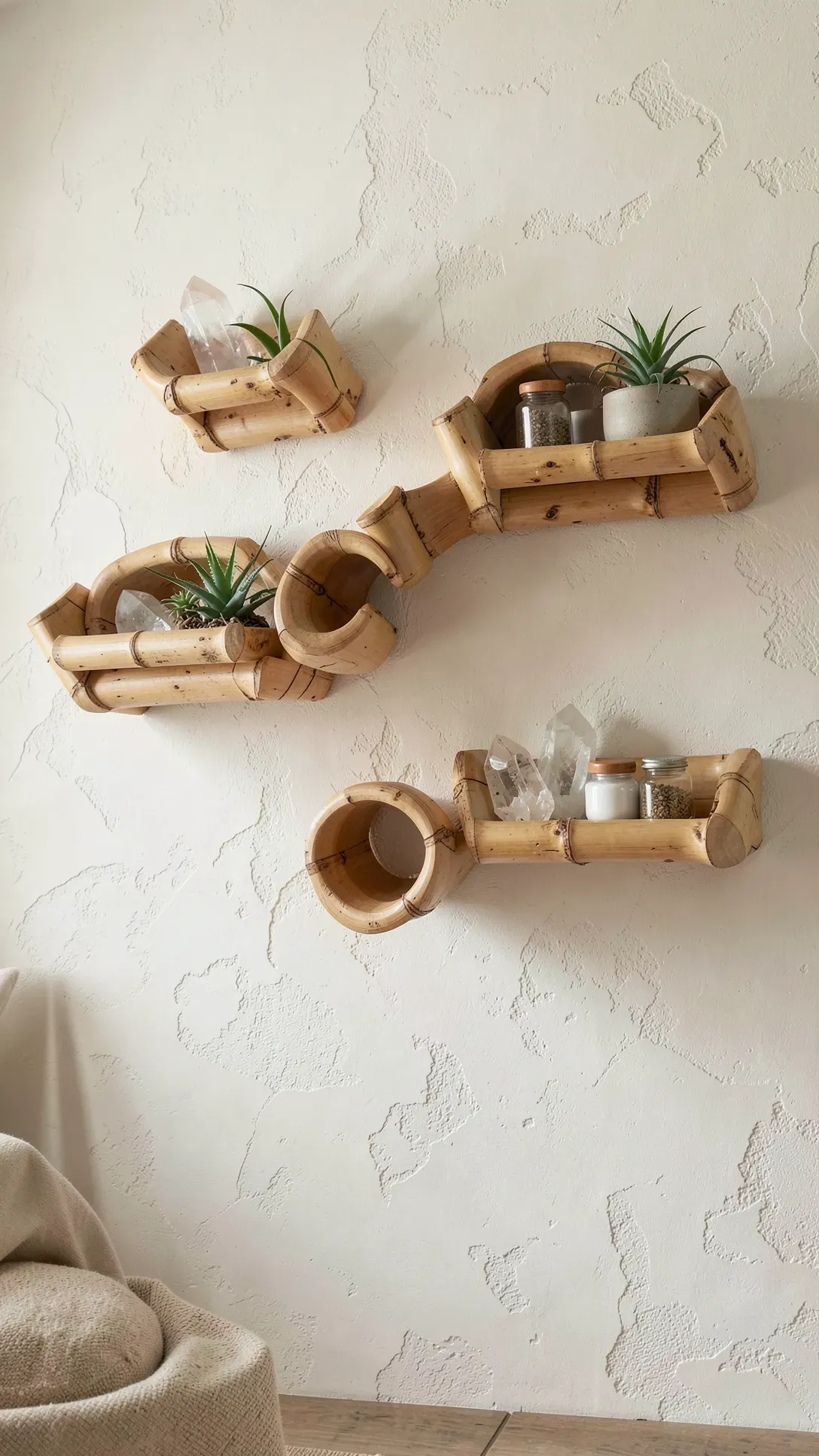 Halved bamboo poles mounted as floating shelves holding air plants and crystals on a white wall.