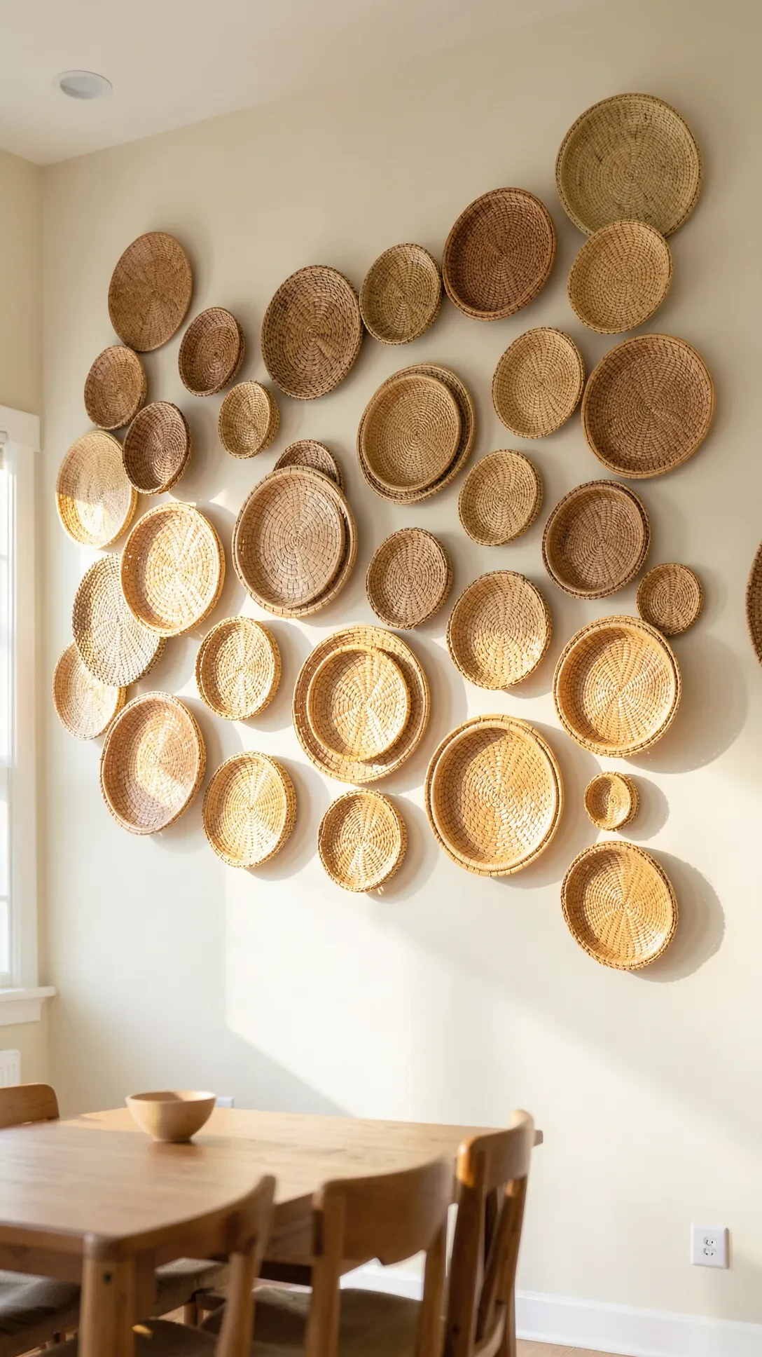 A large collection of woven bamboo baskets and plates arranged artistically on a dining room wall.