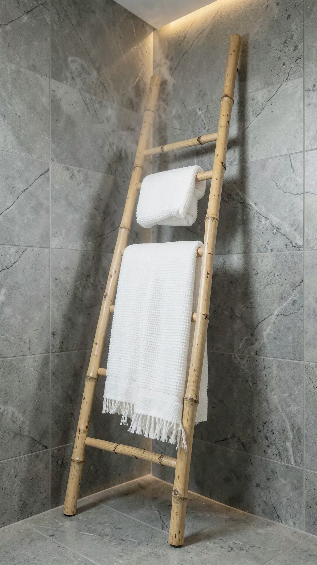 A bamboo ladder leaning against a stone wall holding white towels in a modern bathroom.