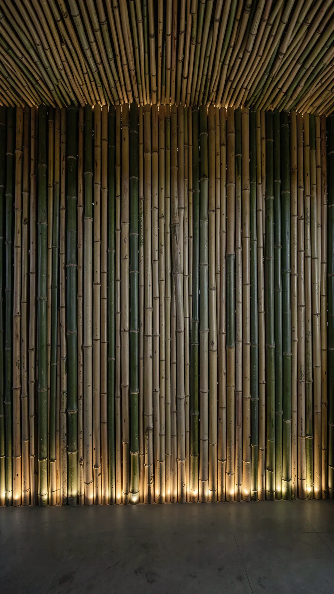 A full accent wall covered in vertical bamboo trunks of different sizes in a peaceful room.
