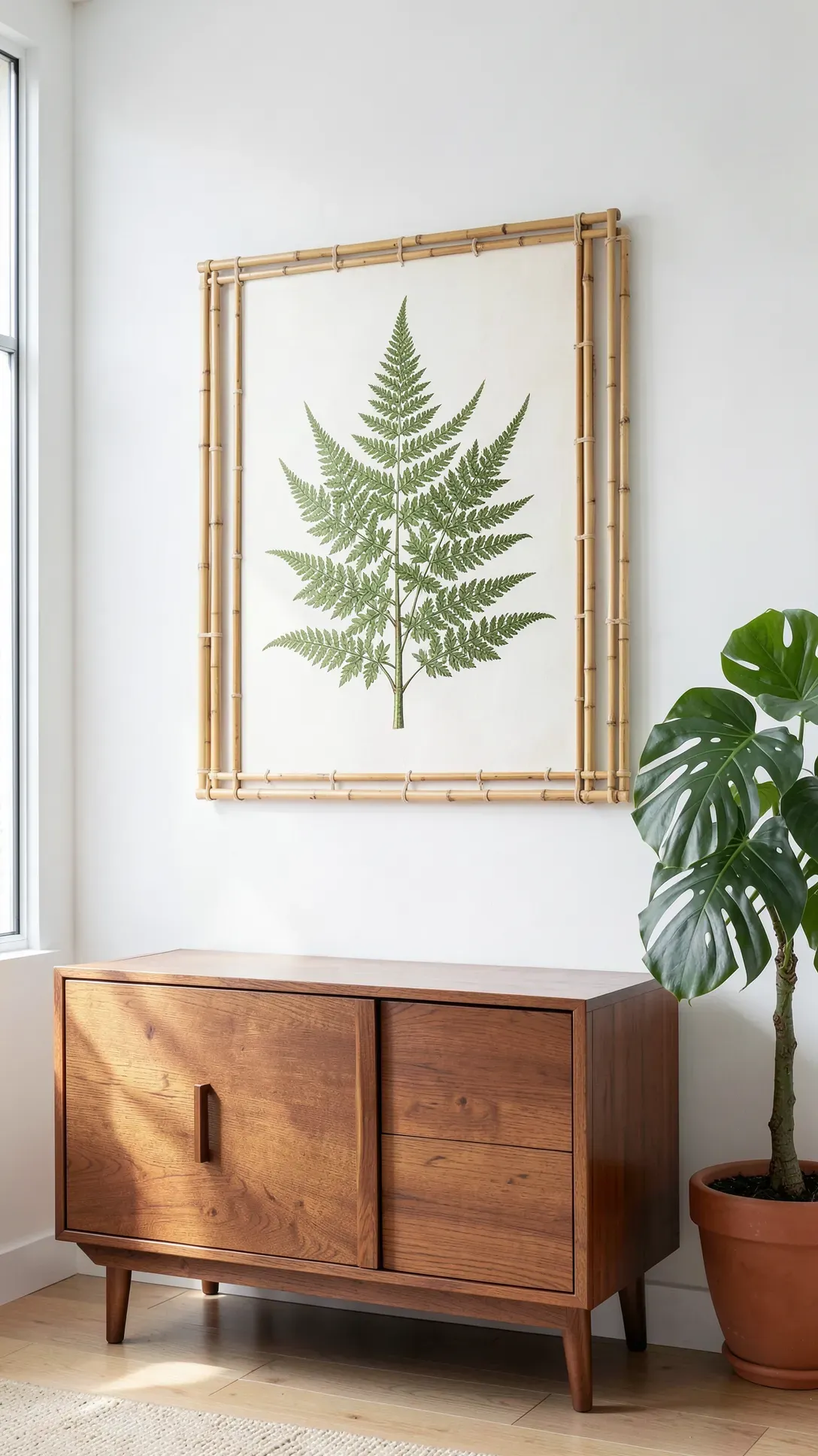 A botanical canvas print with a custom frame made of thin bamboo sticks on a white wall.