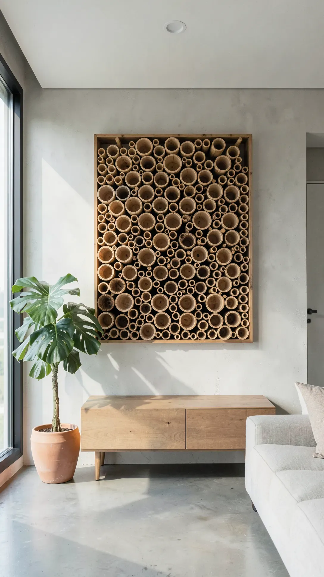 A large wooden shadow box filled with various sizes of bamboo rings hanging in a bright modern room.