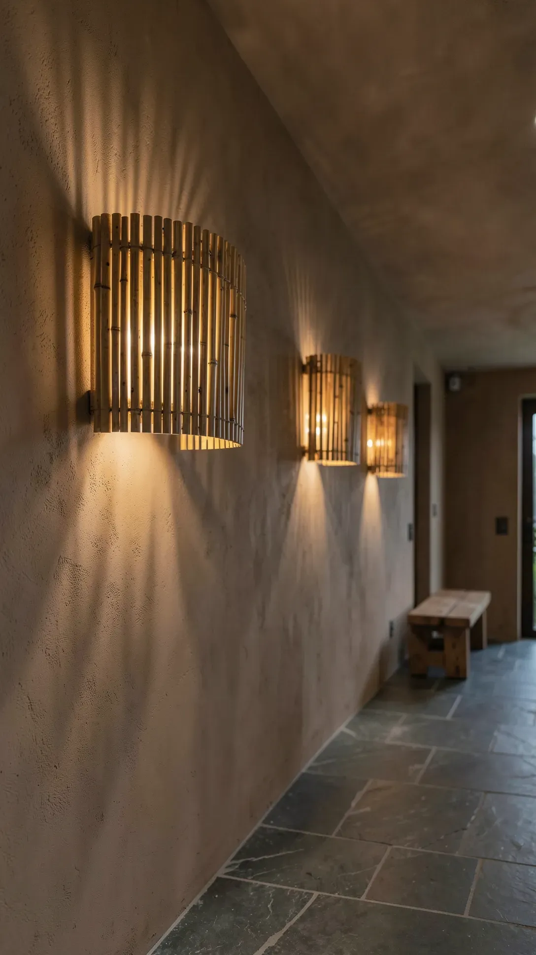 Bamboo slat wall sconces casting warm patterned light in a modern hallway.