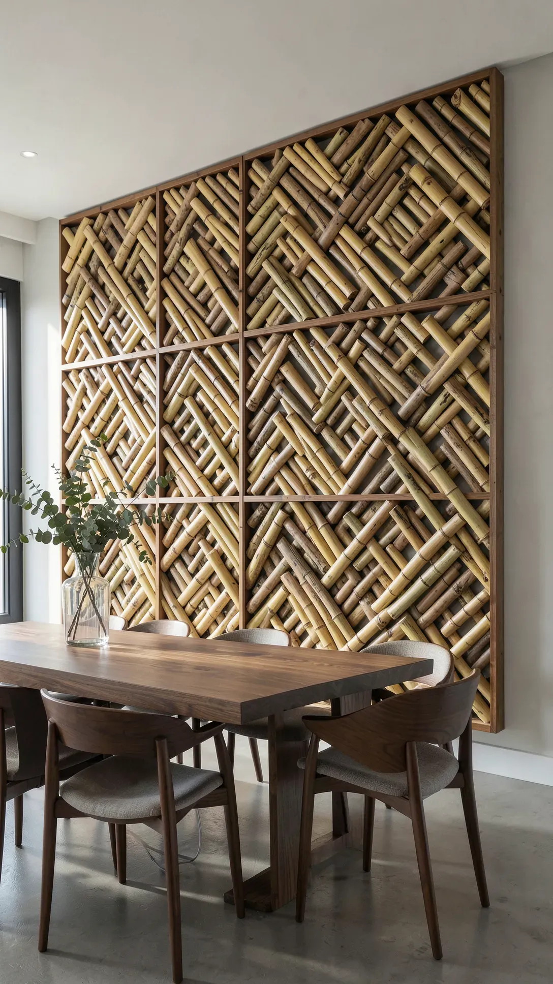 A large wall featuring bamboo poles arranged in a diagonal herringbone pattern inside square frames.
