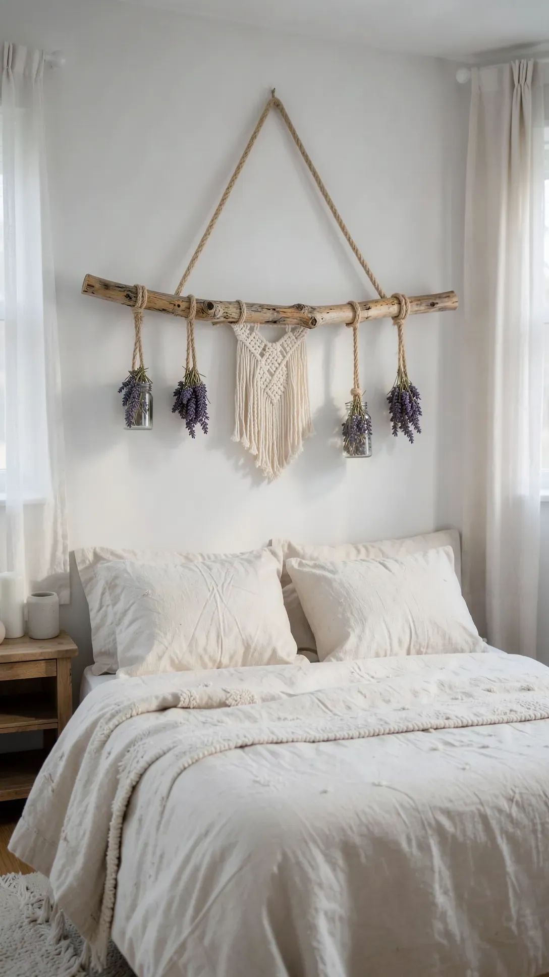 A horizontal bamboo branch hanging from jute ropes over a bed, decorated with dried flowers.