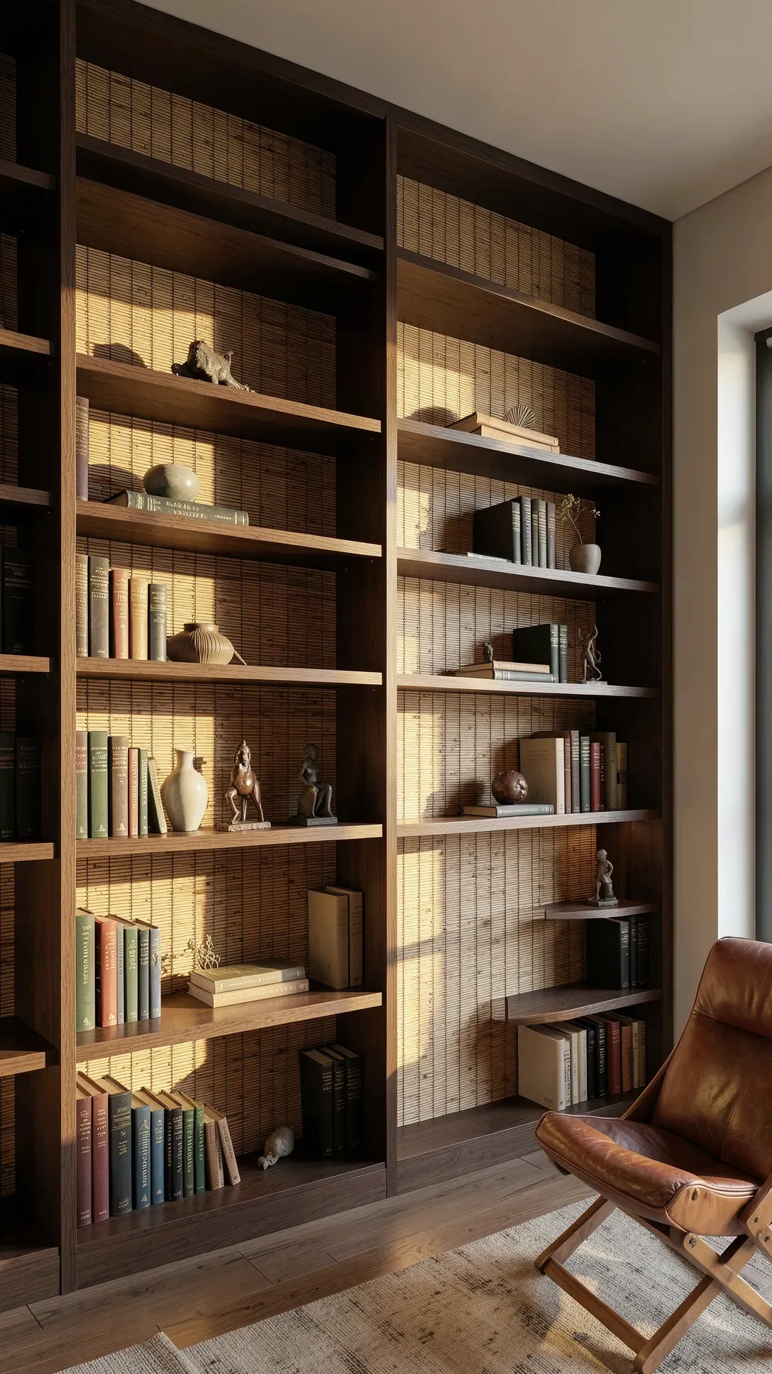 Open wooden bookshelves with a textured bamboo mat backing, filled with books and vases.