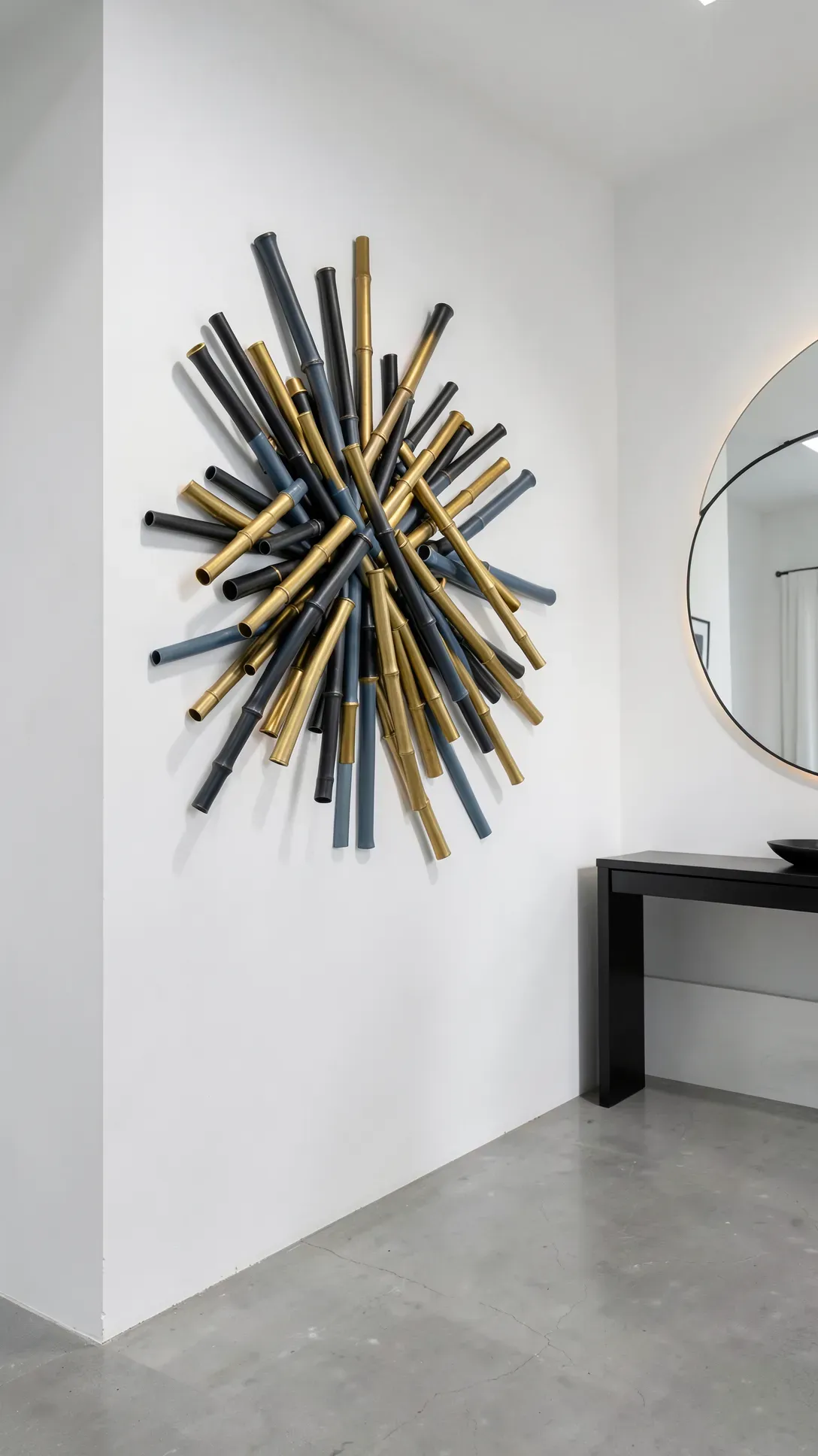 A modern wall art piece made of black, gold, and blue painted bamboo poles in a fanned arrangement.
