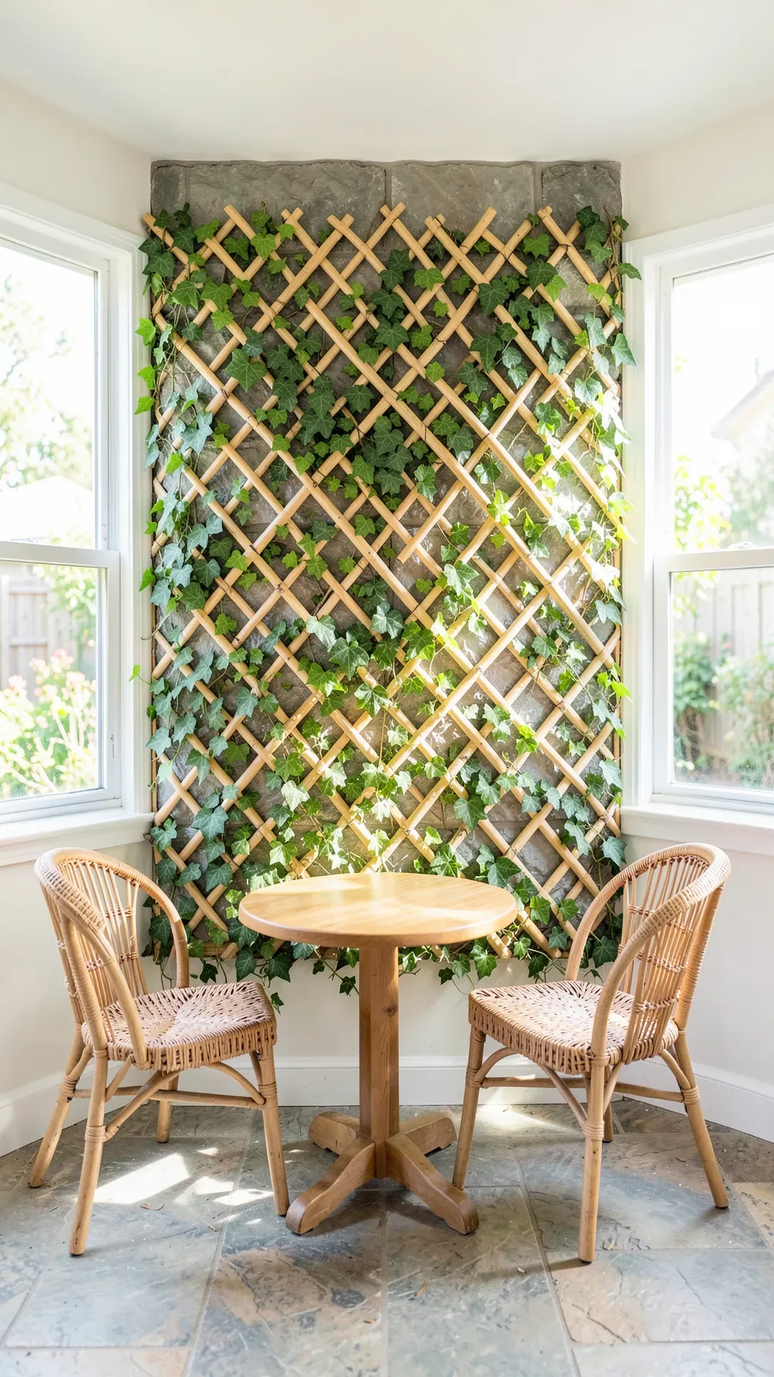 A bamboo diamond trellis on an interior wall with green ivy plants climbing up the structure.