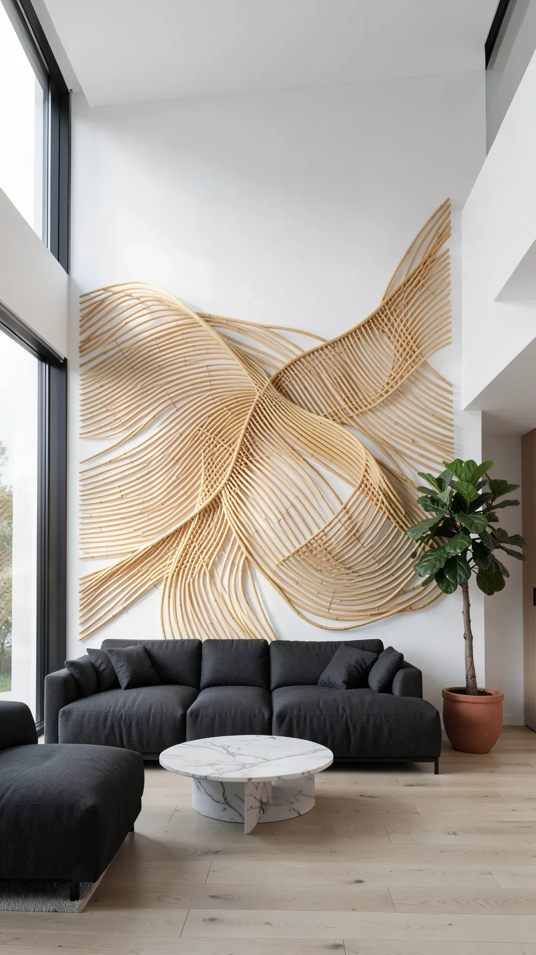 A modern living room featuring a large abstract wave installation made of curved bamboo strips on a white wall.