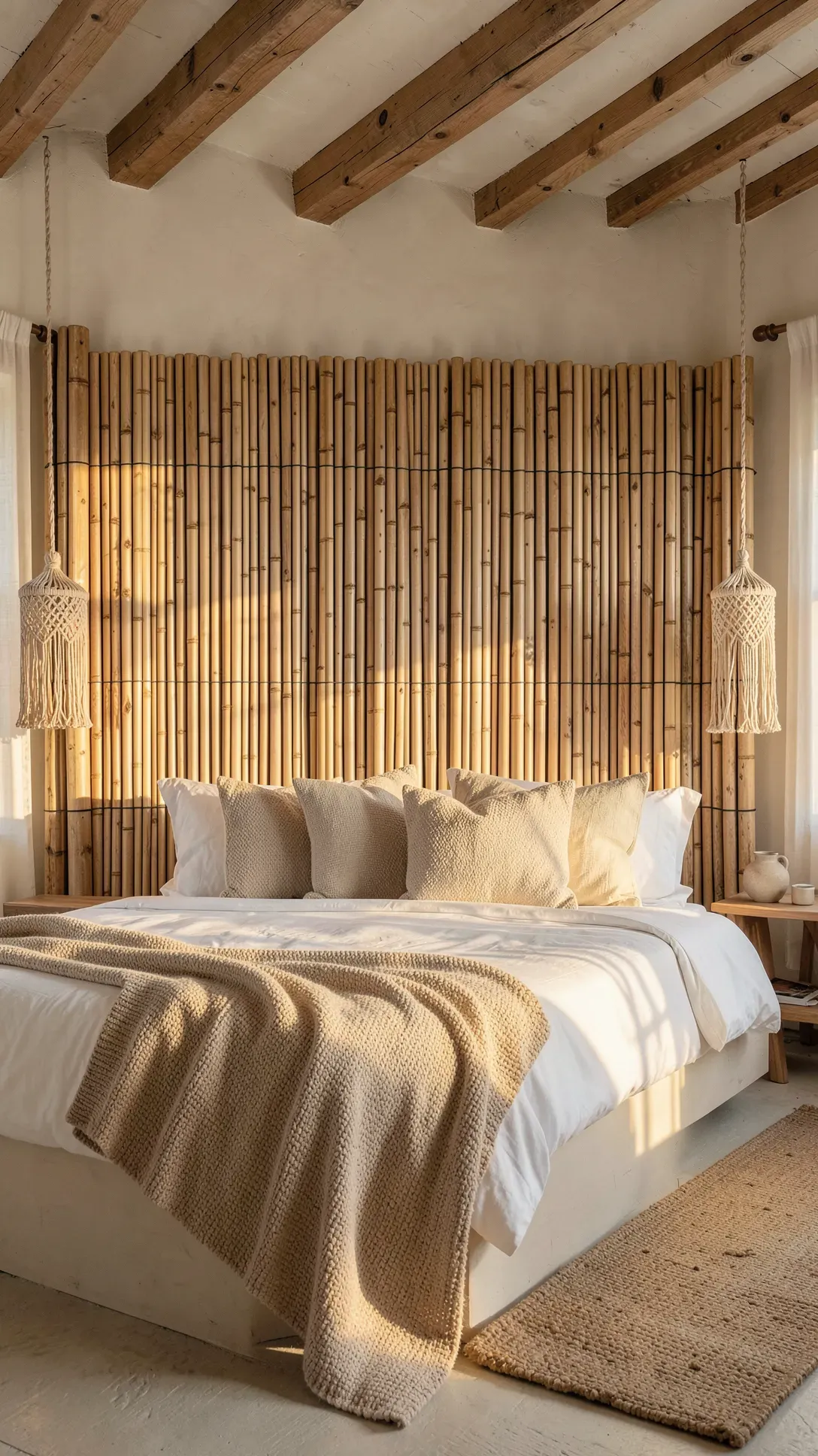 A peaceful bedroom with a tall headboard backdrop made of natural rolled bamboo fencing behind a white bed.