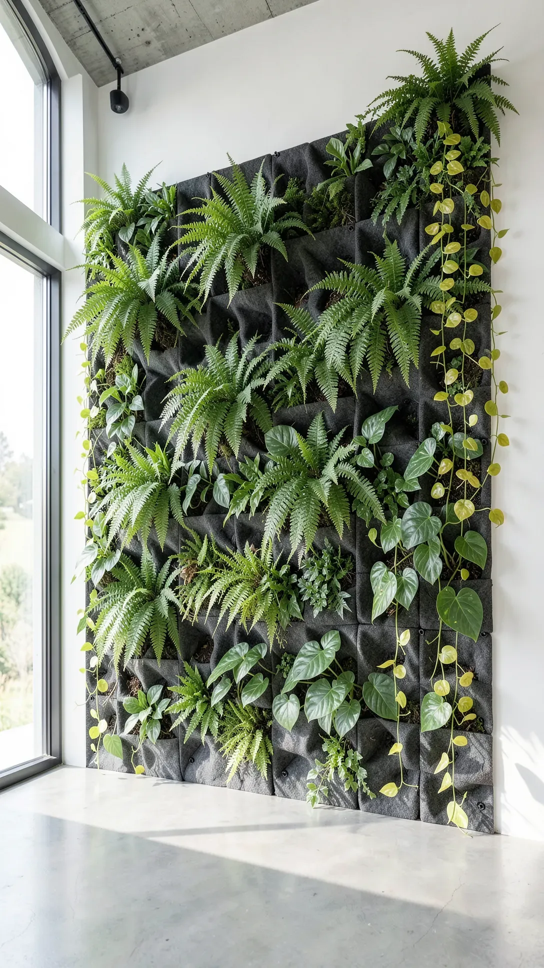 A full-height indoor plant wall using grey felt pockets filled with ferns and pothos.