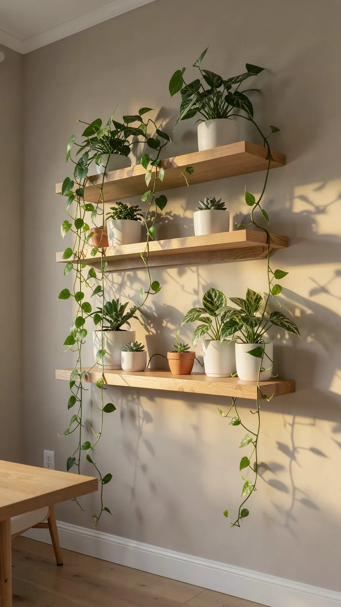 Staggered wooden floating shelves on a neutral wall with long green vines hanging down.