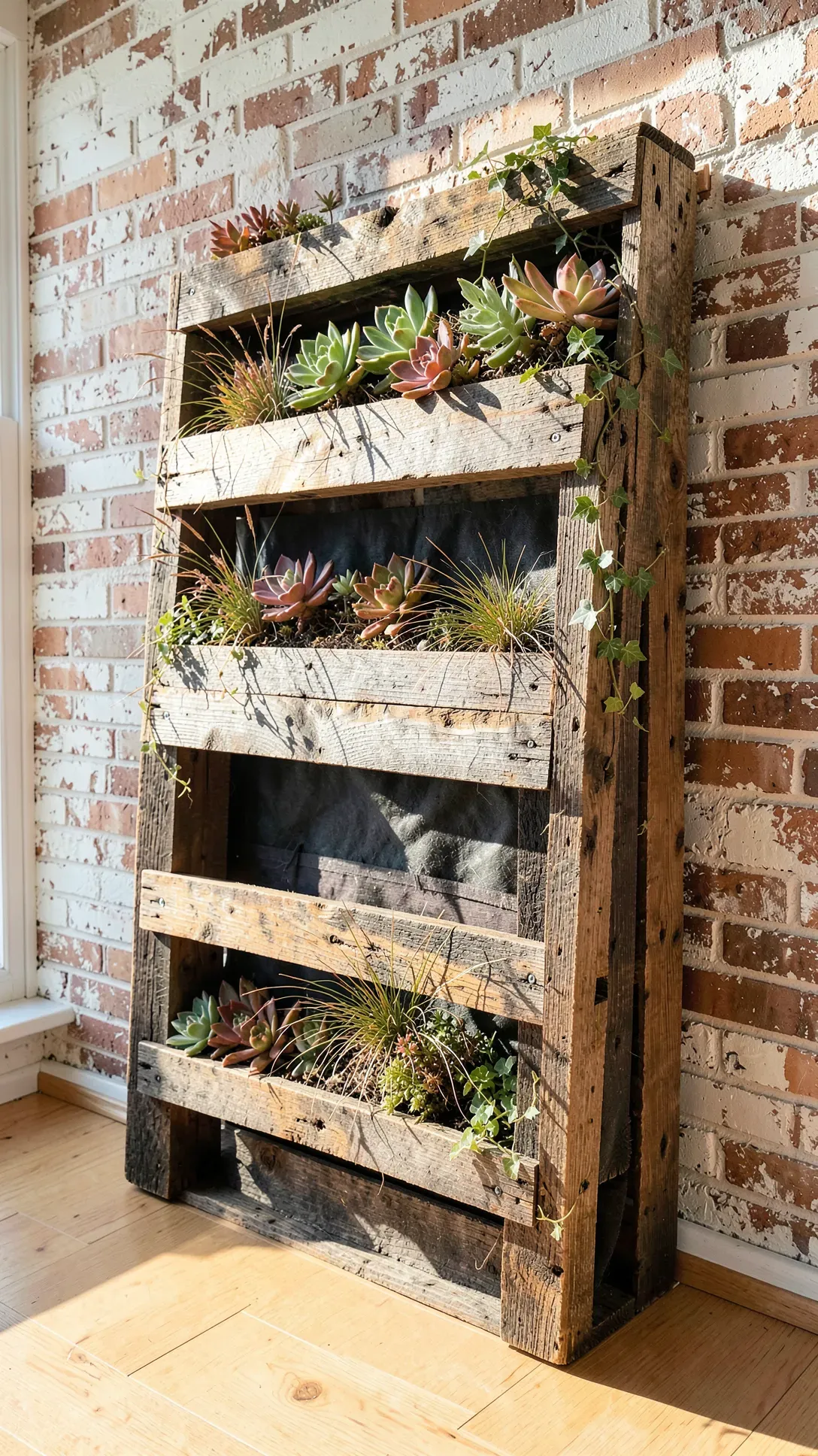 A rustic wooden pallet used as a vertical planter against a white-washed brick wall.