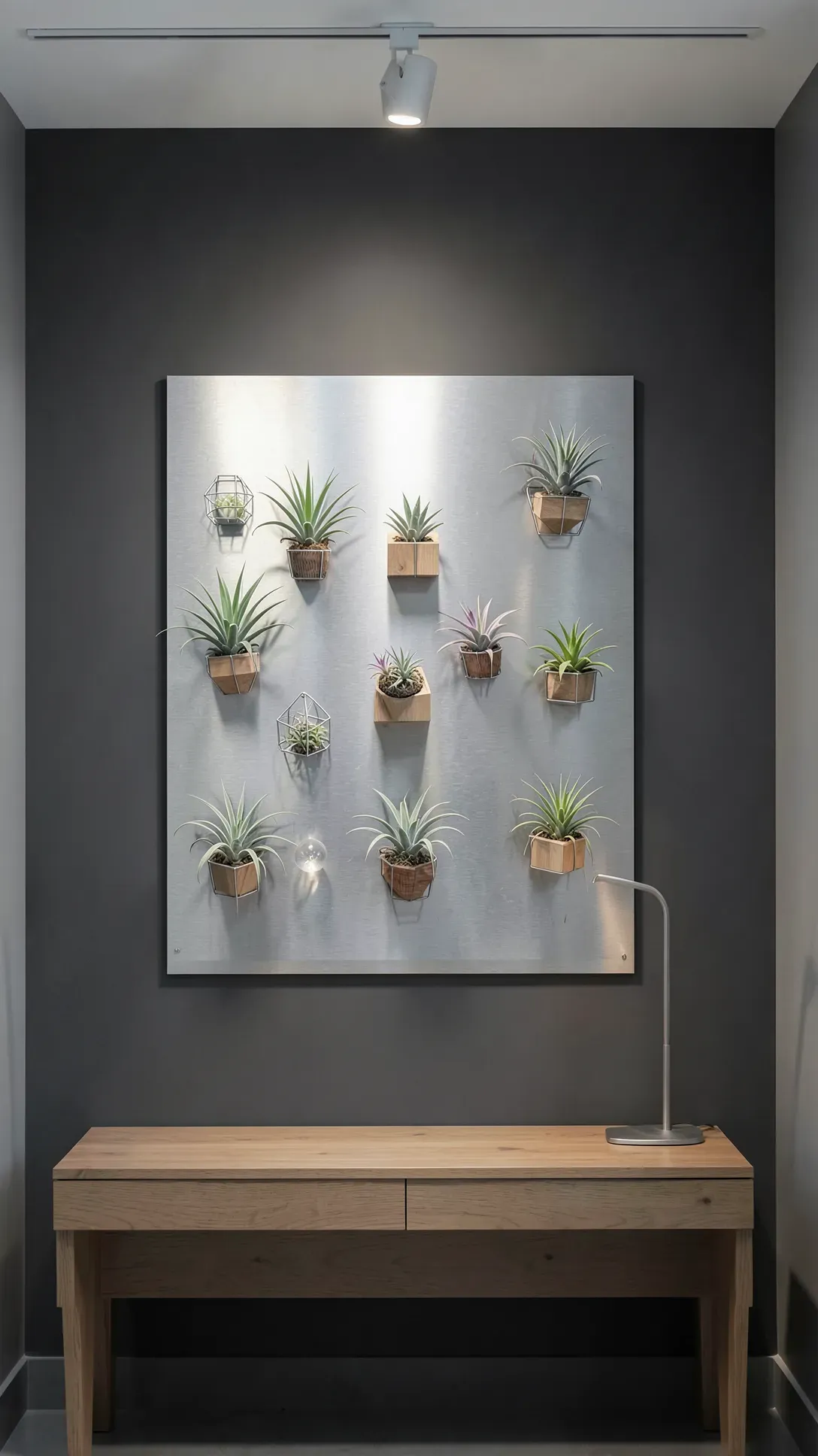 A silver magnetic board on a grey wall holding several air plants in wire holders.