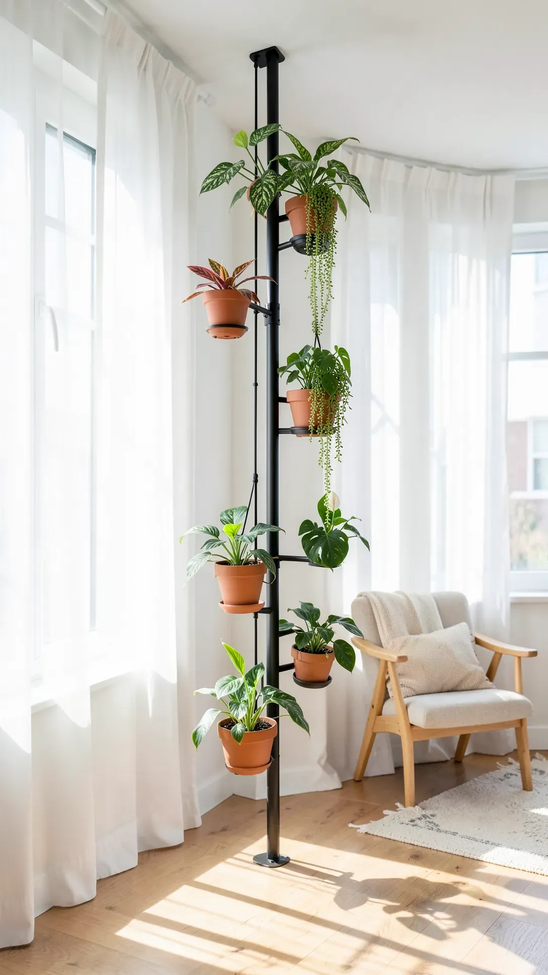 A black tension pole in a room corner with multiple arms holding various potted plants.