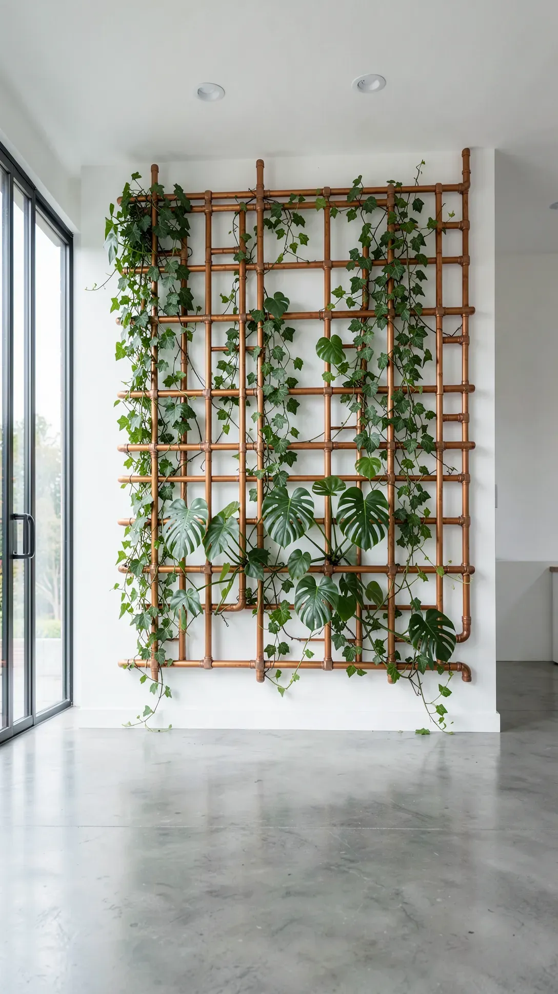 A modern copper pipe trellis mounted on a white wall with climbing green vines in an industrial living room.