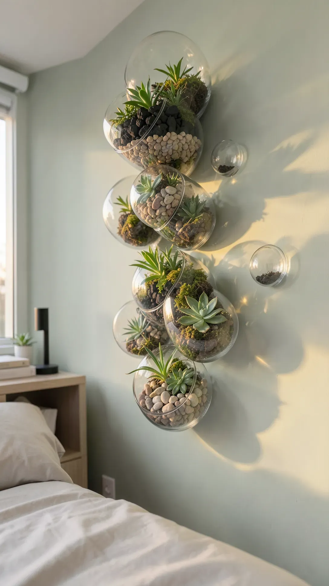 Clear glass terrarium orbs mounted on a sage green wall containing succulents and decorative pebbles.