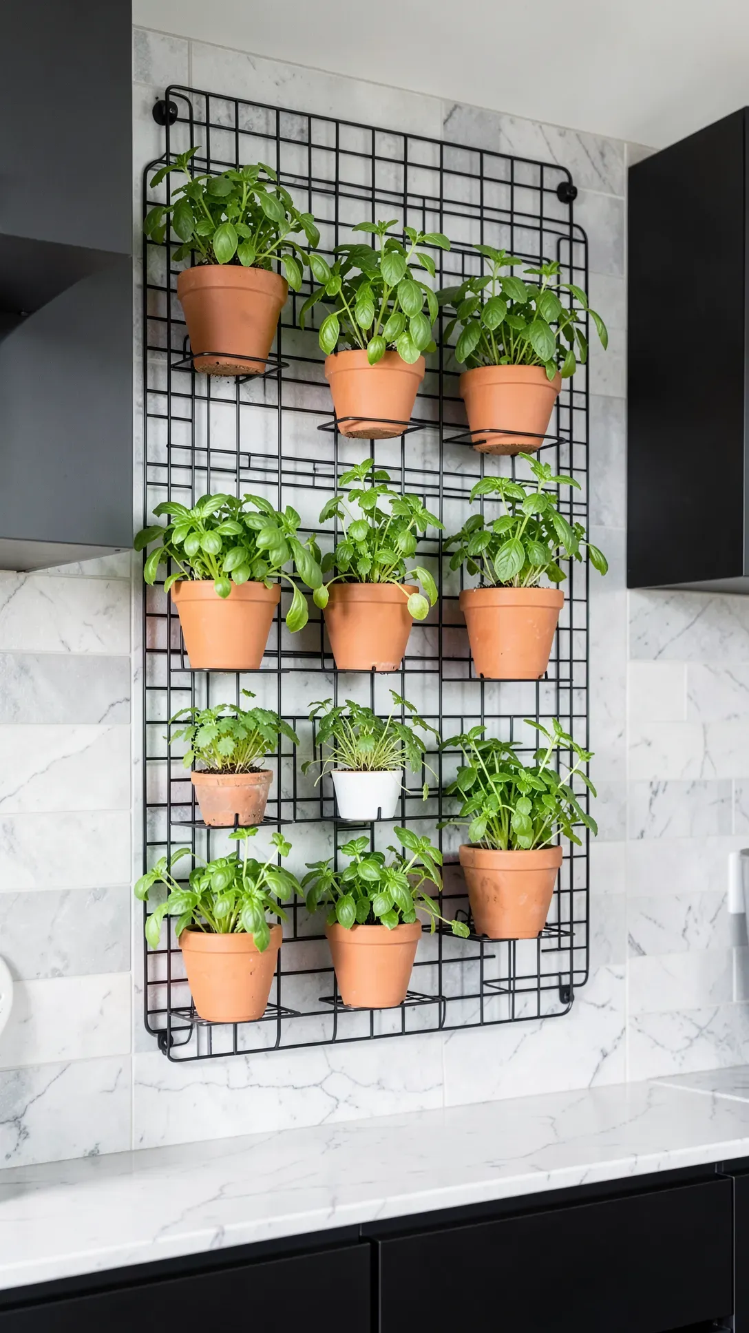 A black wire mesh panel on a kitchen wall holding terracotta pots with fresh green herbs.