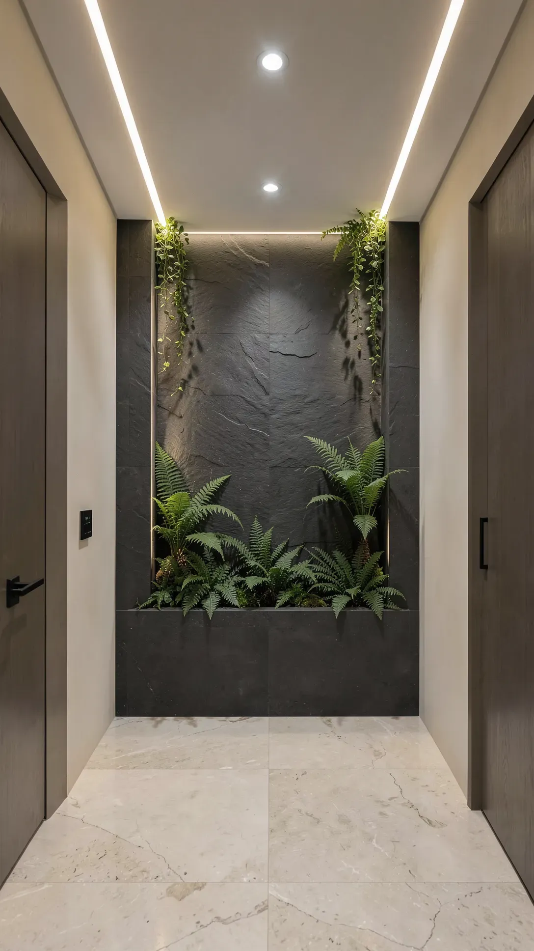 A luxury recessed wall niche with built-in lighting showcasing lush tropical plants in a modern hallway.
