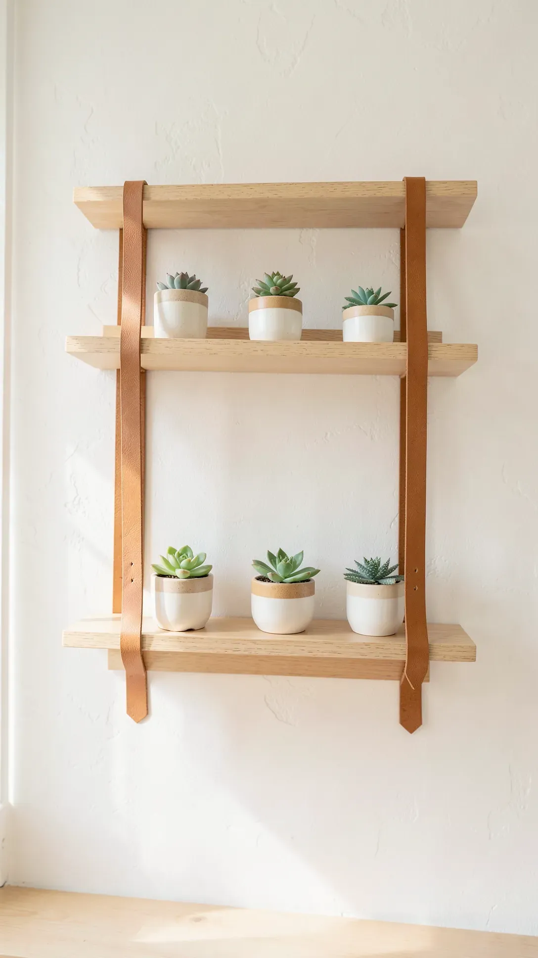 Minimalist light wood shelves held by leather straps on a white wall featuring small succulent plants.
