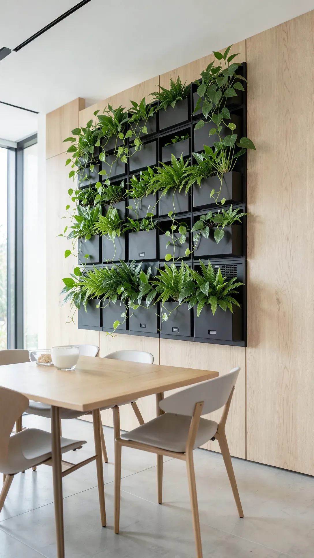 A modular self-watering vertical garden system filled with lush green tropical plants in a modern dining room.