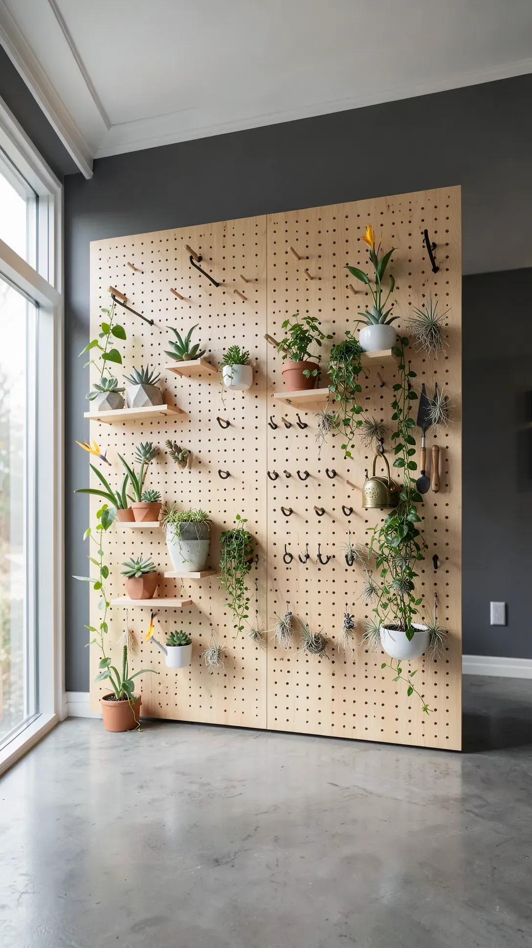 A large birch wood pegboard wall with various indoor plants in stylish pots and brass gardening tools.