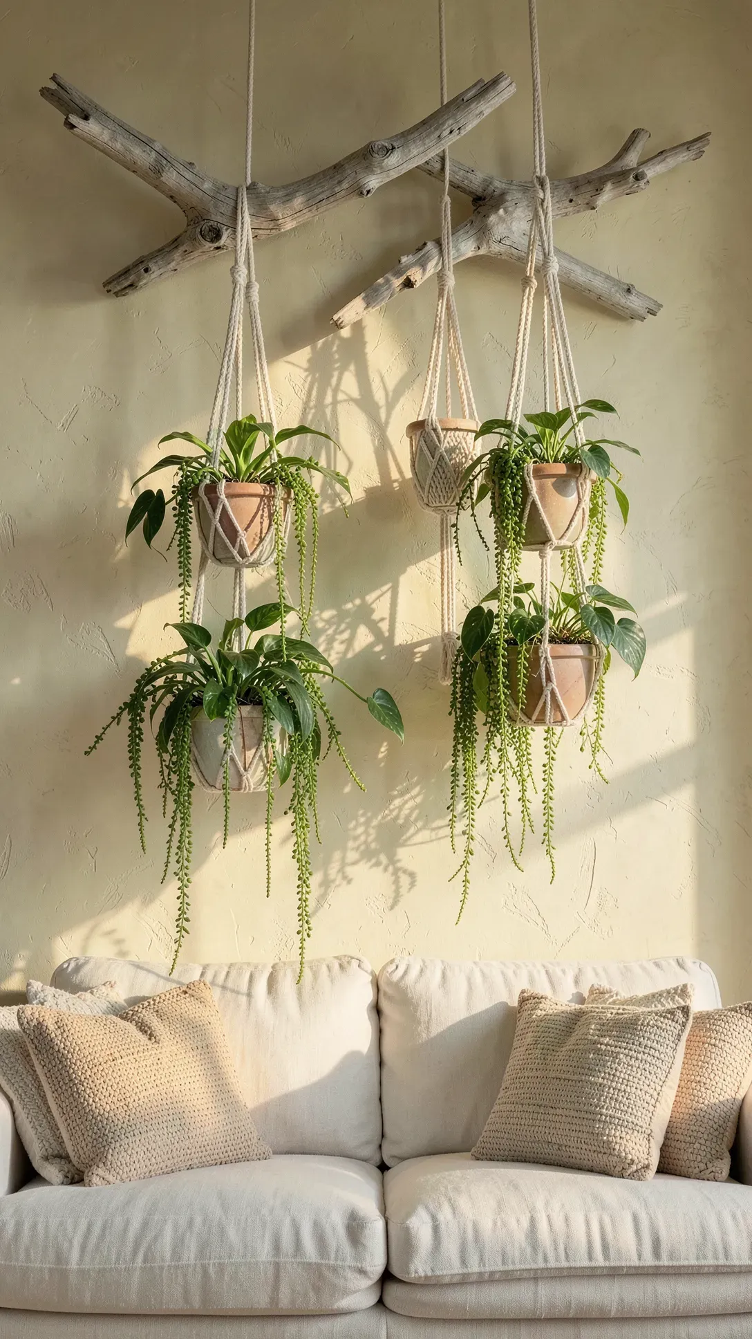 A driftwood branch mounted on a wall with several macrame hangers holding trailing green plants.