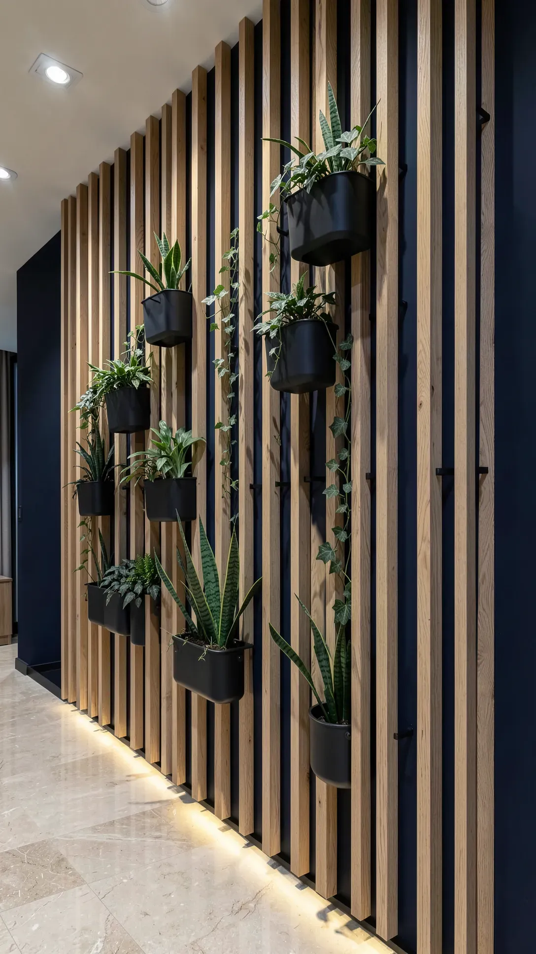 Floor-to-ceiling vertical oak slats on a dark wall with black metal pots and various green plants.
