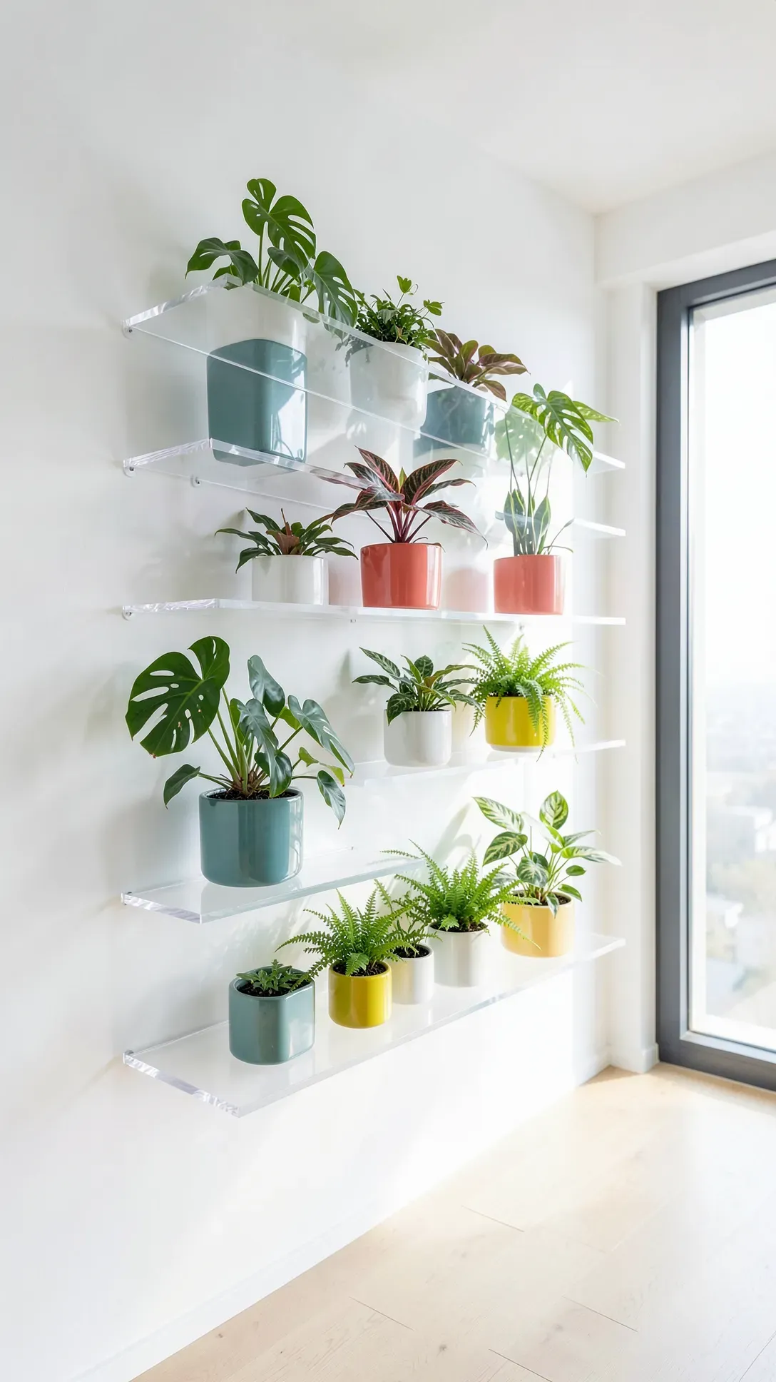 Transparent acrylic shelves on a white wall holding colorful pots with lush green indoor plants.