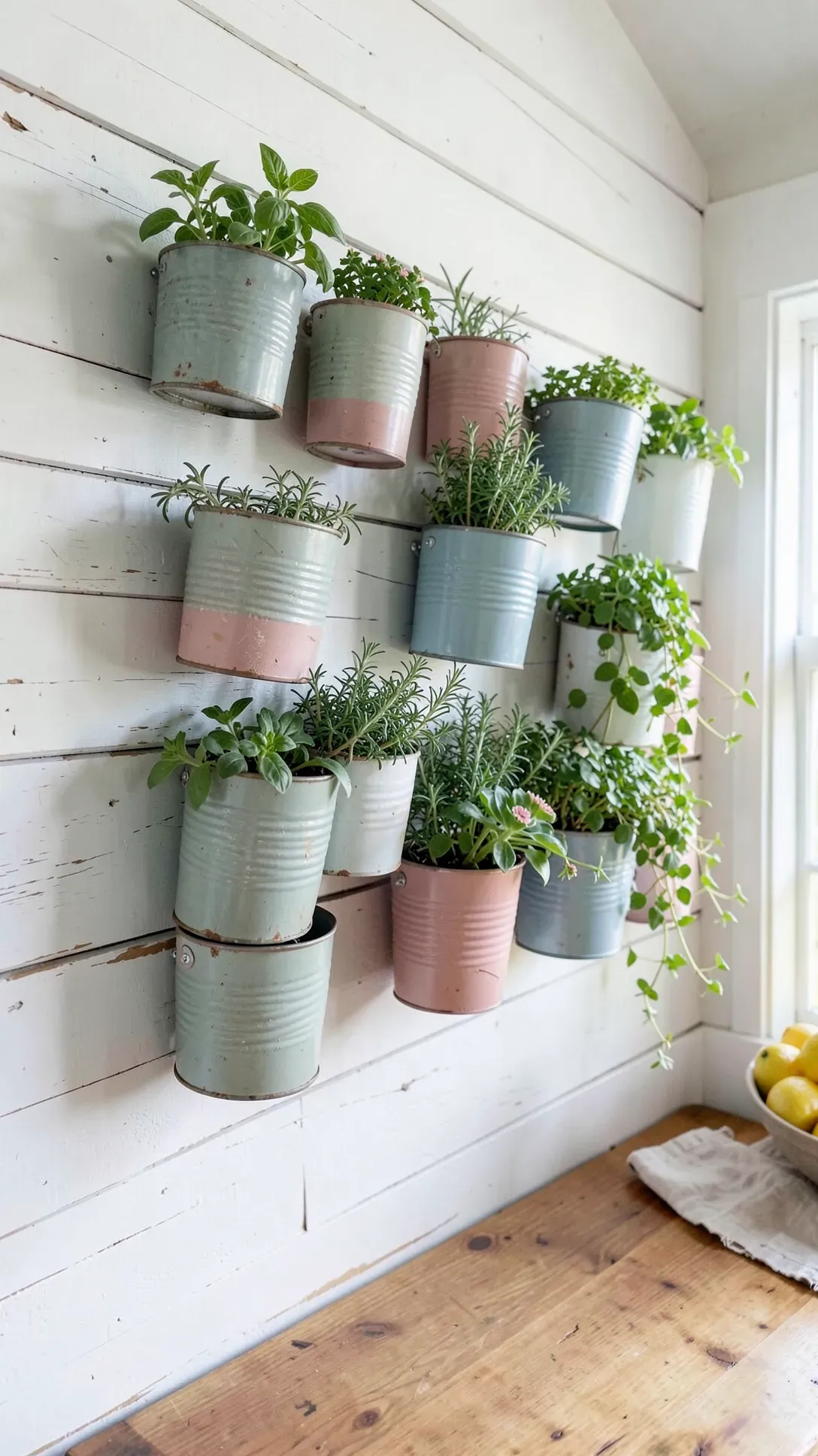 Painted tin cans used as planters mounted on a white shiplap wall in a farmhouse kitchen.
