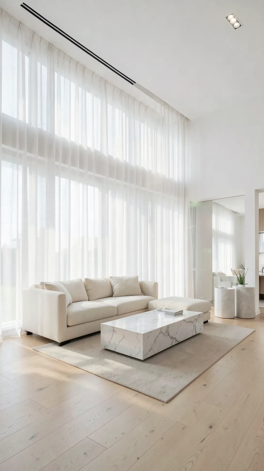 Bright living room with floor-to-ceiling white linen sheer curtains touching a light wood floor.