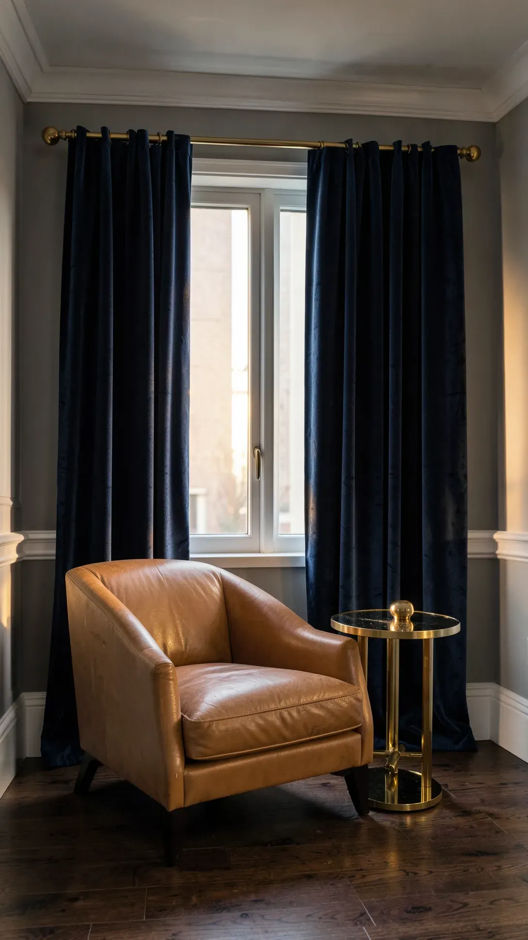 Deep navy velvet curtains with gold hardware in a sophisticated, moody living room setting.