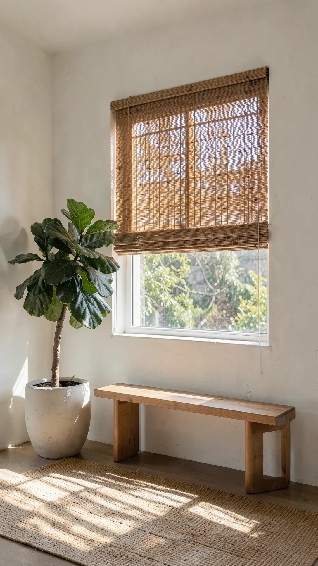 Natural bamboo Roman shades in a sunlit, bohemian-style living room with indoor plants.