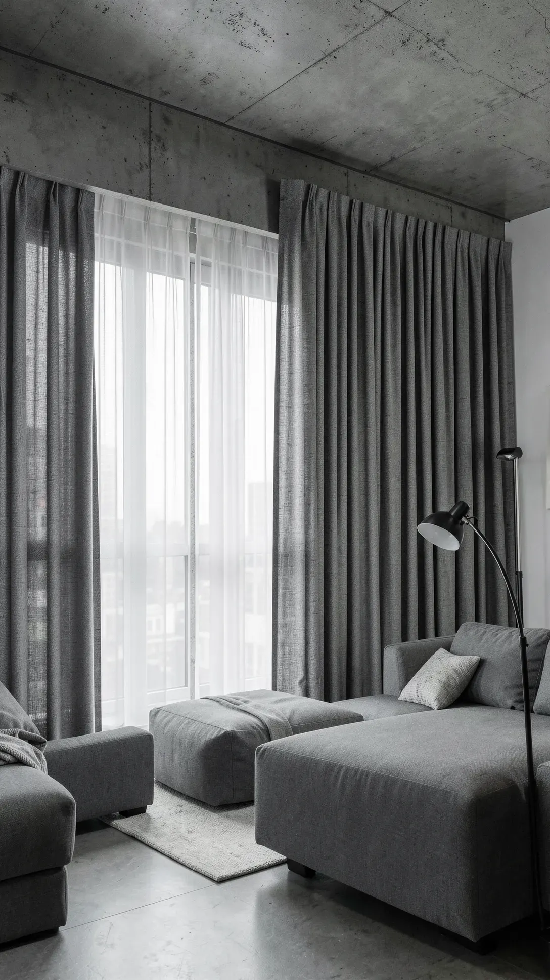 Functional double-layered grey curtains with sheers and blackout panels in a modern living room.