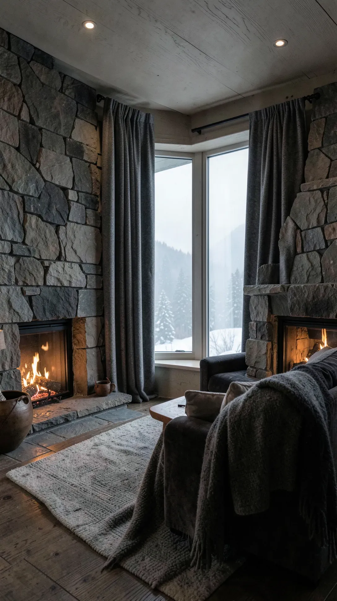 Thick charcoal gray wool curtains in a cozy living room with a fireplace and snowy window view.