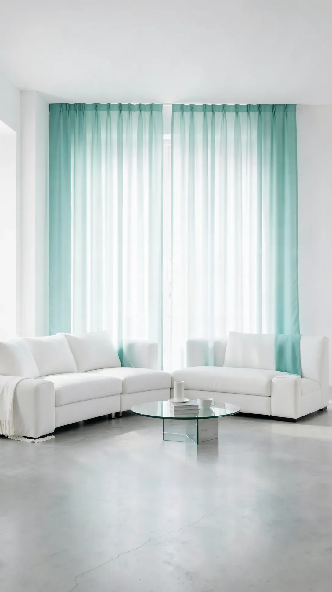 Modern living room featuring sheer ombre curtains with a teal to white color gradient.