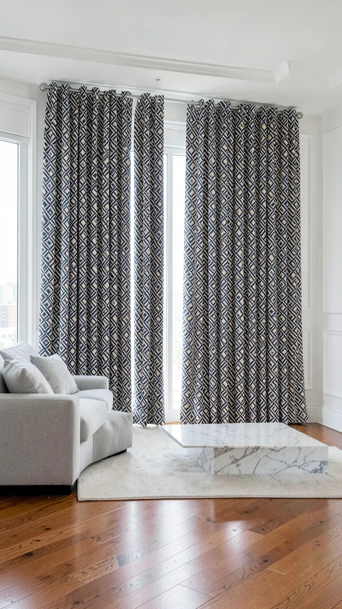Modern living room with navy and cream geometric patterned grommet curtains hanging in uniform folds.