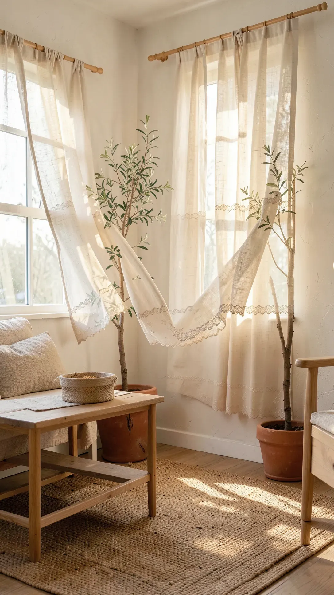 Lightweight ivory muslin curtains with scalloped edges in a sun-drenched rustic living room.