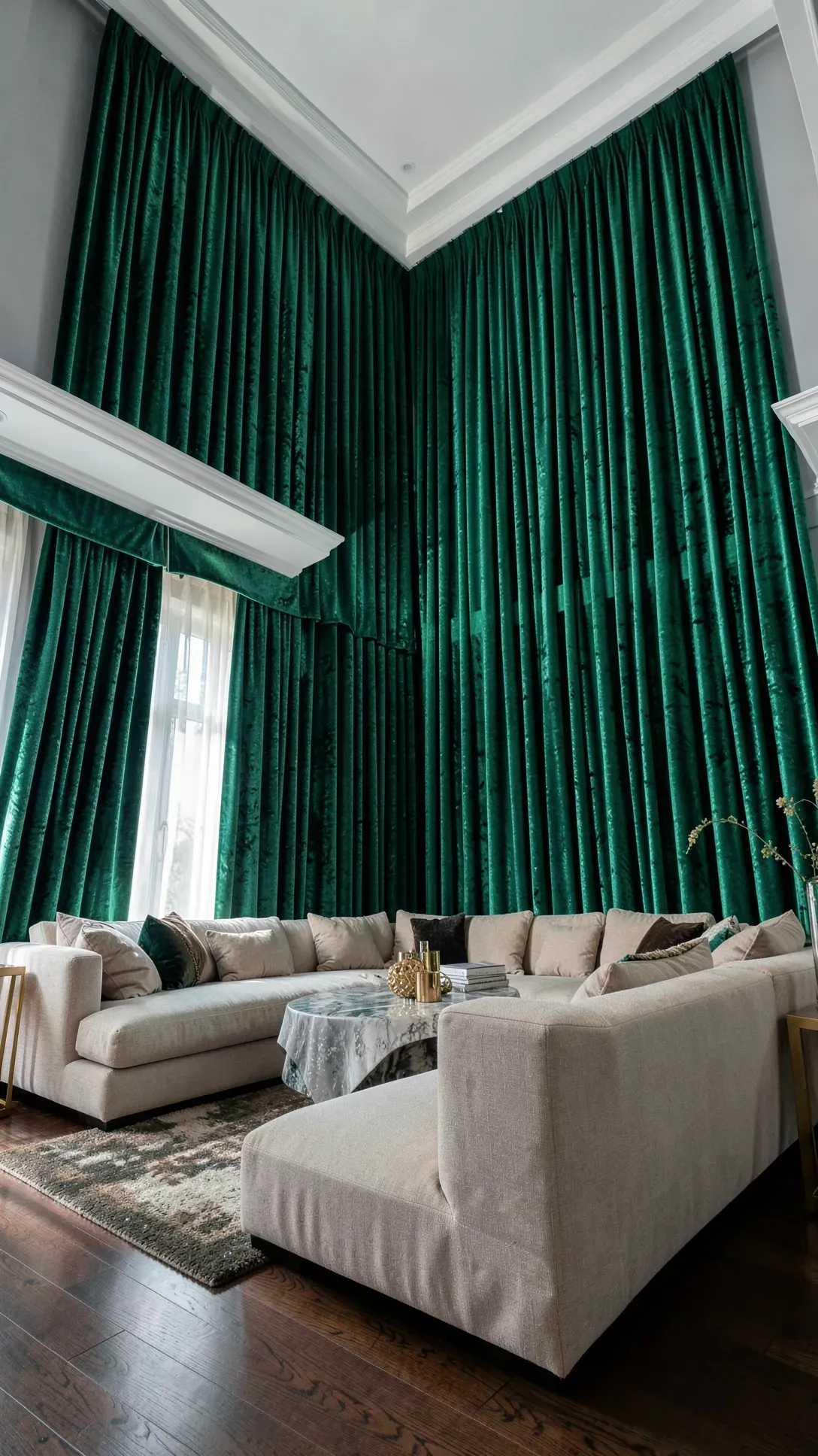 Luxurious emerald green crushed velvet drapes hanging from a high ceiling in a grand living room.