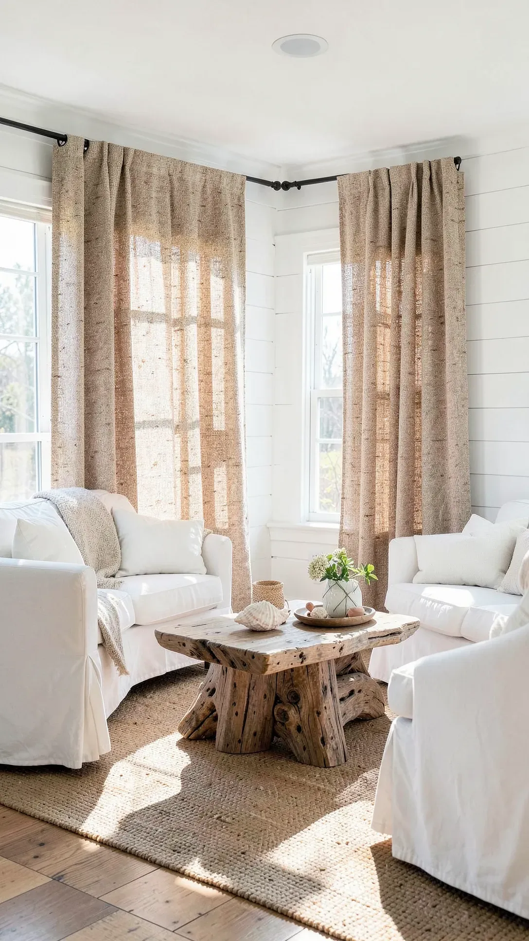 Textured tan jute curtains in a bright coastal-style living room with white furniture.