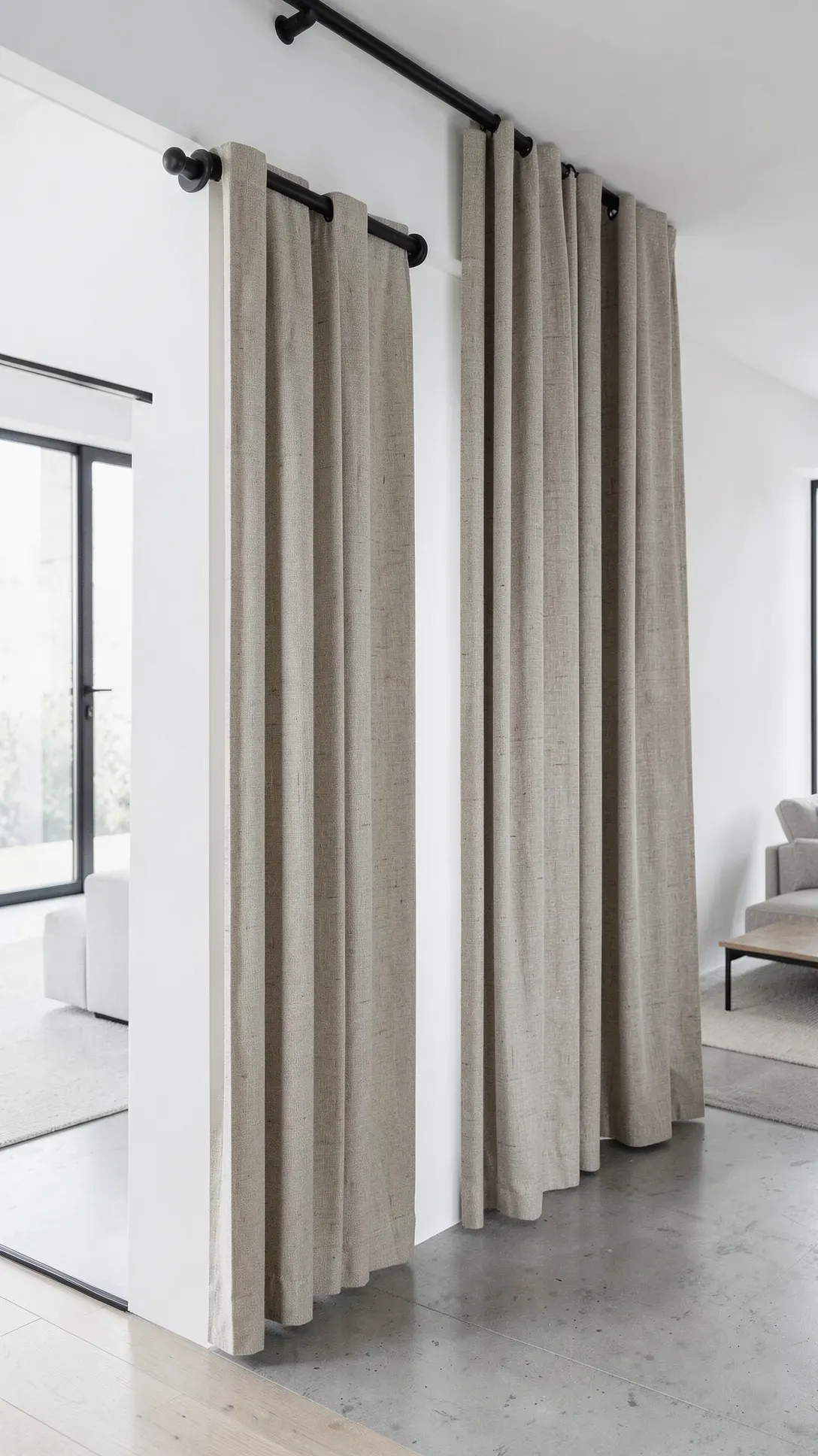 Minimalist black iron French return rods with linen curtains in a clean modern living room.
