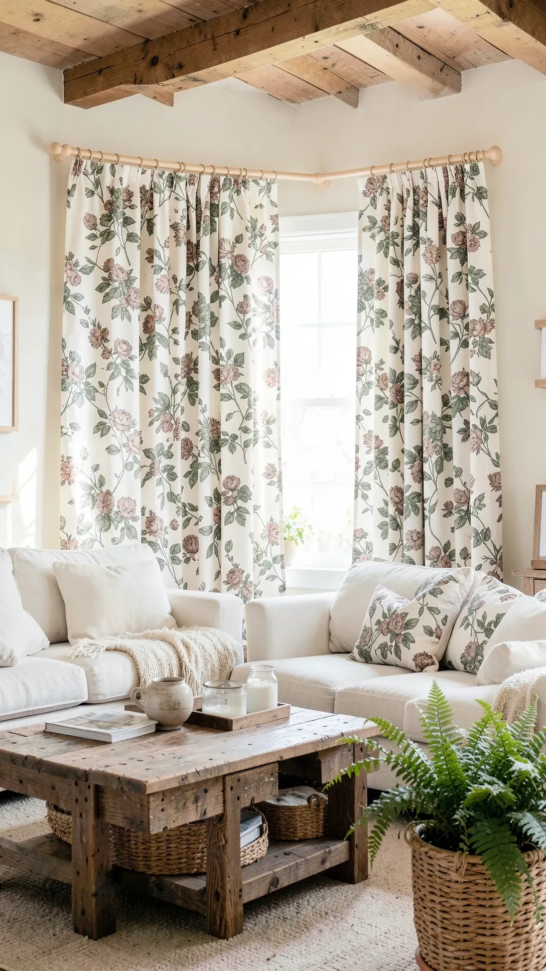 Farmhouse living room with large-scale floral print canvas curtains on wooden rods.