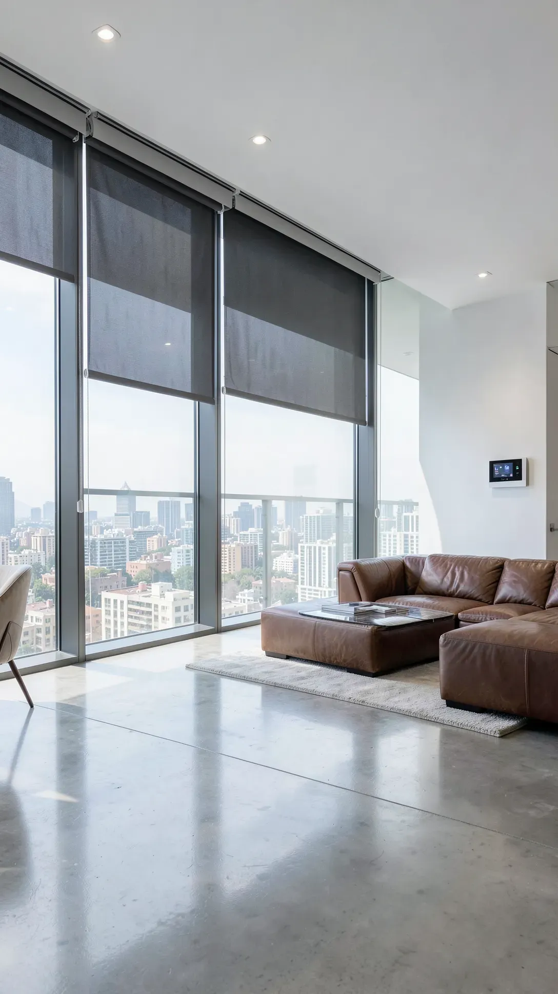 Sleek motorized solar shades in a modern penthouse living room with a city view.