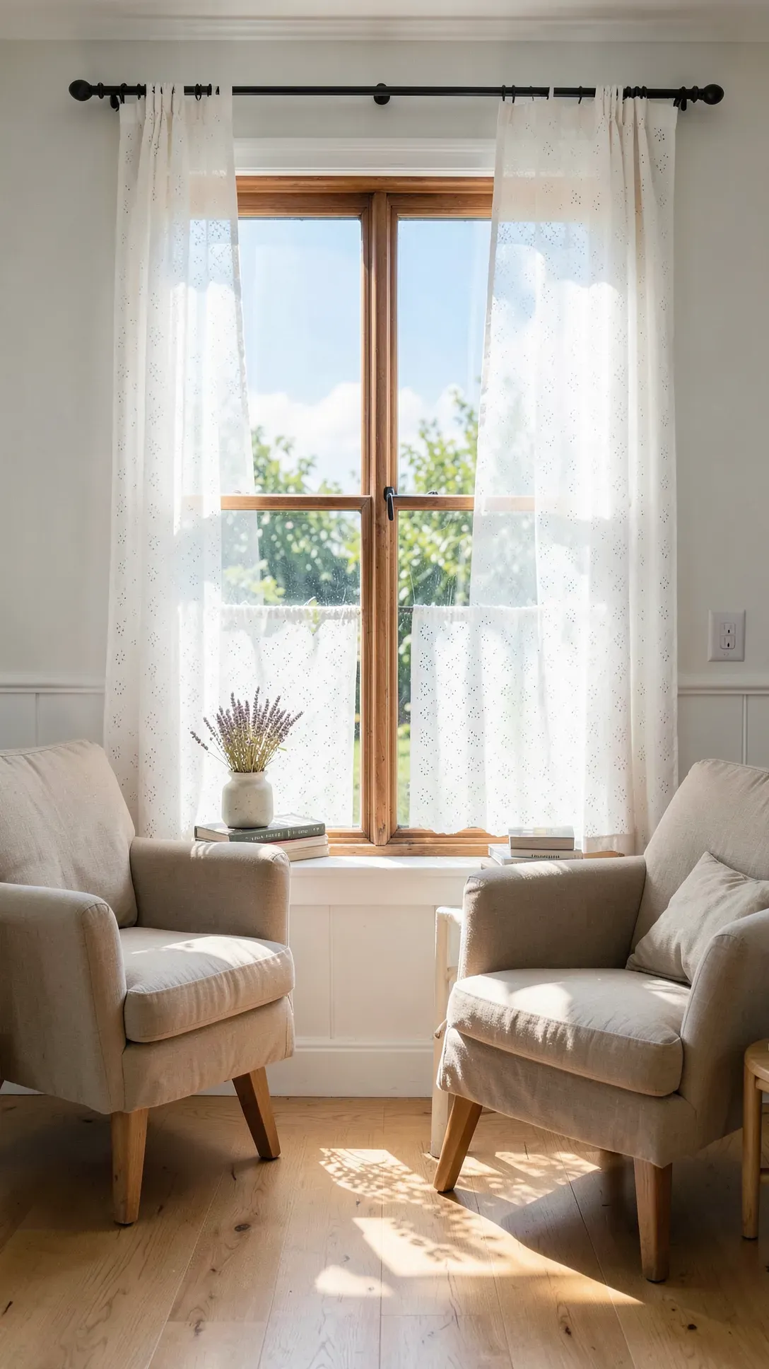 White eyelet lace cafe curtains covering the bottom half of a sunlit living room window.