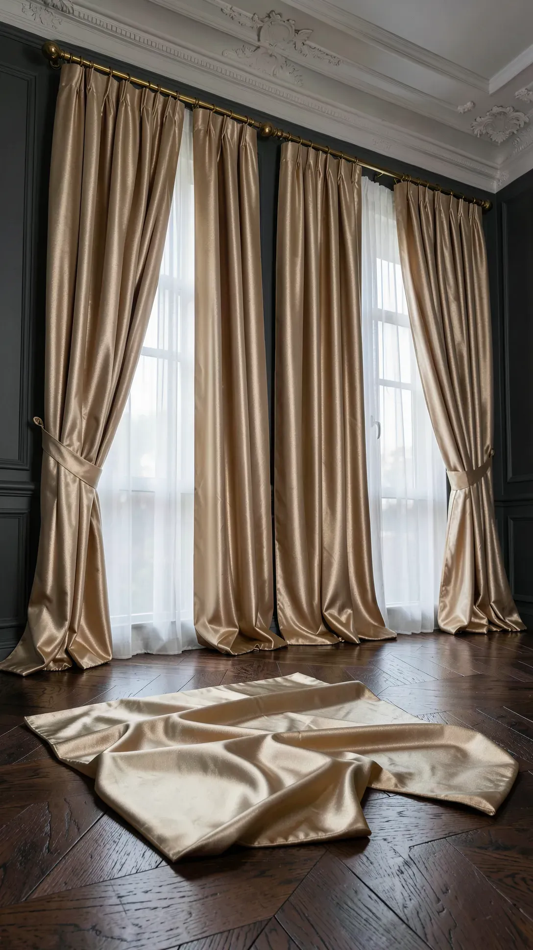 Champagne silk taffeta curtains puddled elegantly on a dark wood floor in a formal room.
