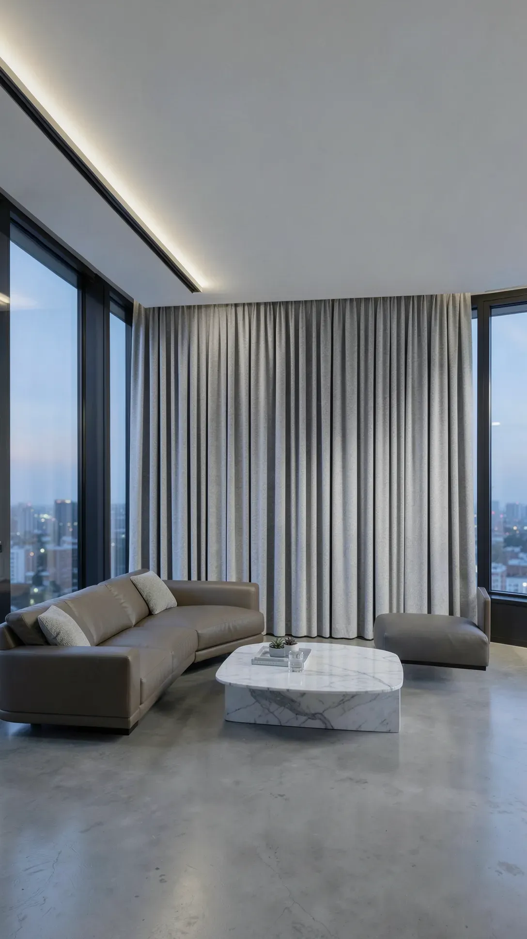 Modern grey curtains hanging from a hidden ceiling track in a minimalist penthouse.