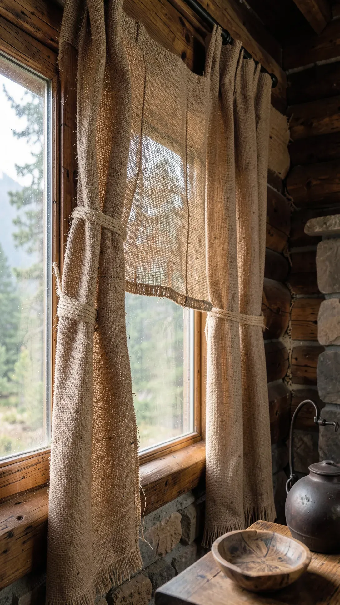Coarse burlap curtains tied with rustic twine in a log cabin living room.