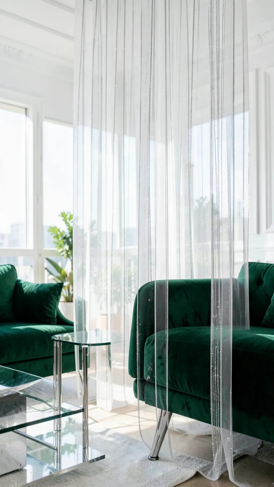 White sheer curtains with shimmering silver metallic threads in a glamorous living room.
