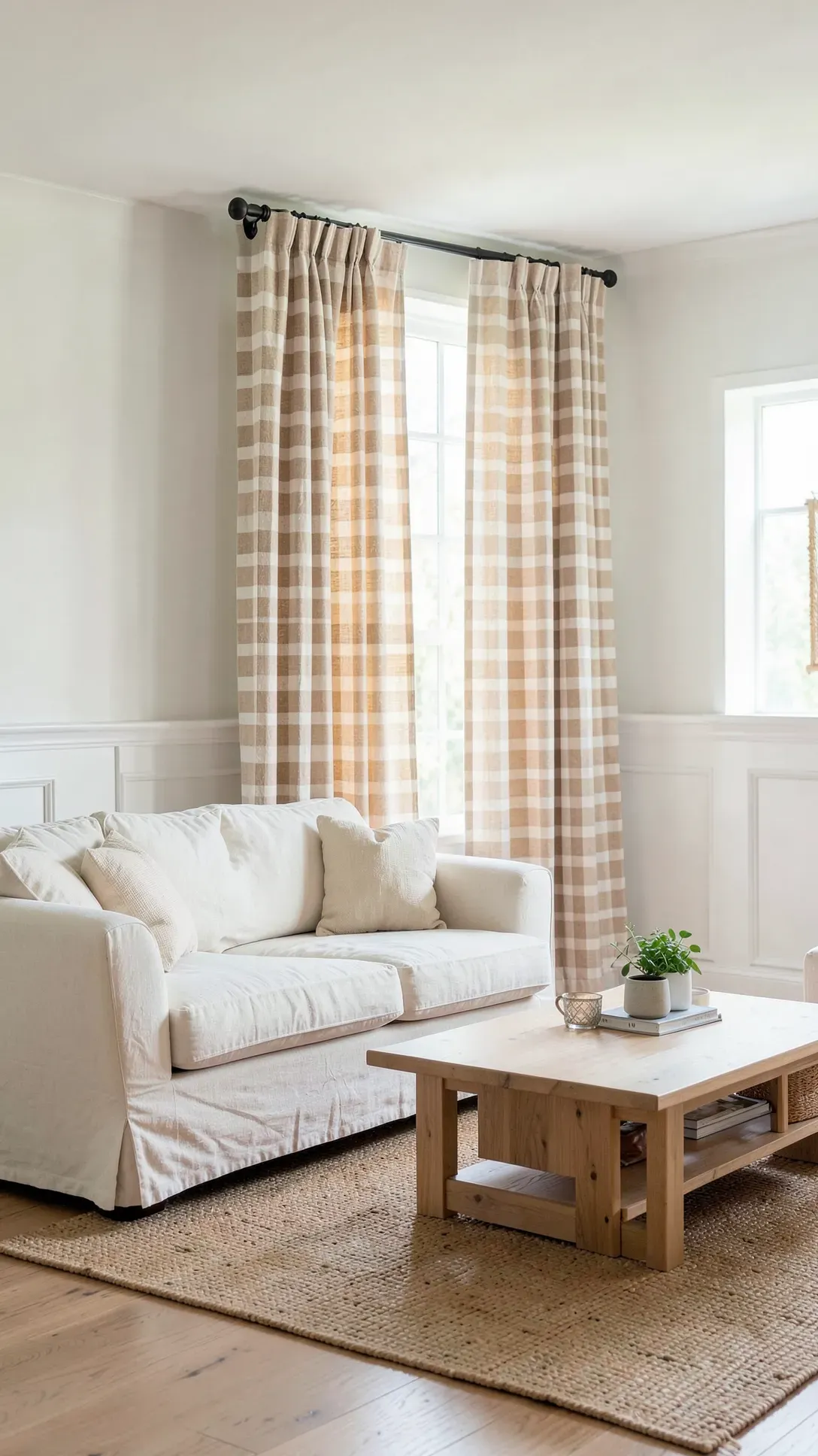 Tan and white buffalo check cotton curtains hanging in a bright, modern farmhouse living room.